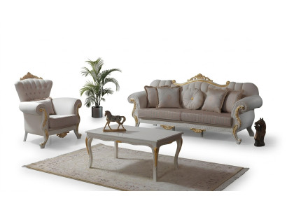 Set di divani. Chesterfield divano imbottito. Set di divani in tessuto beige. Divani.