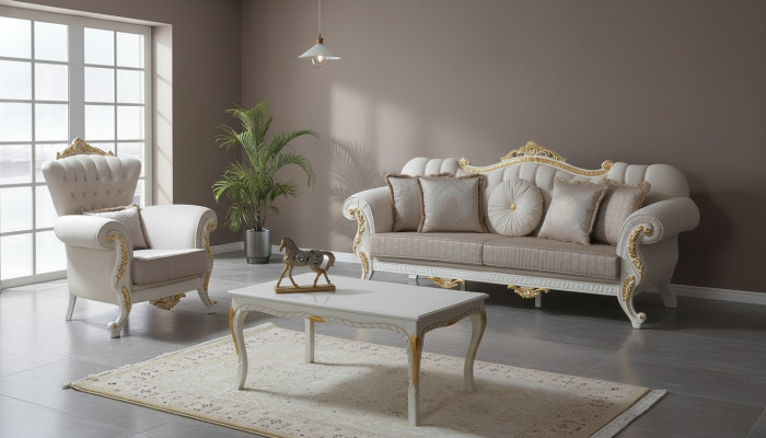 Set di divani di lusso, set completo di divani beige, divano imbottito in tessuto.