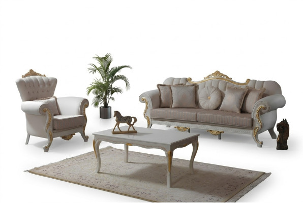 Set di divani di lusso, set completo di divani beige, divano imbottito in tessuto.