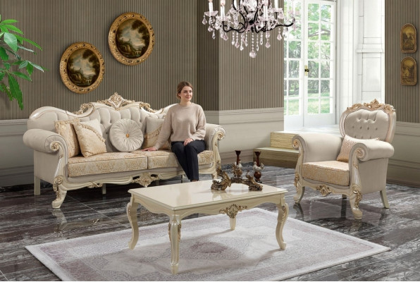 Set di divani di lusso Divano completo Beige Set di divani in tessuto