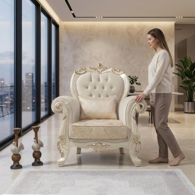 Poltrona monoposto Poltrona ad ali di paglia Un posto Tessuto Beige Poliestere Legno Barocco