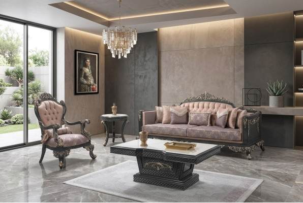 Lussuoso set completo di divani in tessuto marrone.