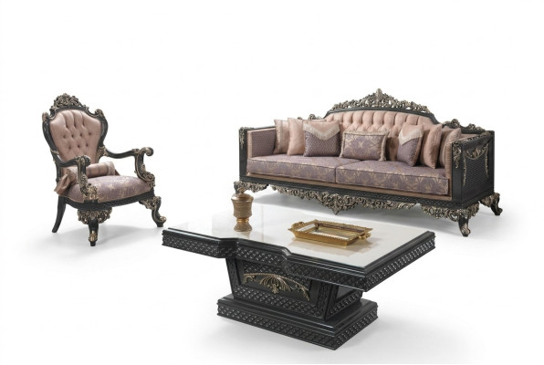 Lussuoso set completo di divani in tessuto marrone.