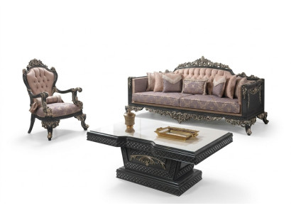 Lussuoso set completo di divani in tessuto marrone.