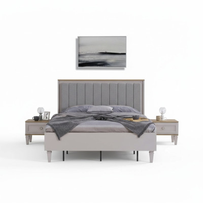 Imposta camera da letto matrimoniale: letto, comodini in legno grigio, 3 pezzi.