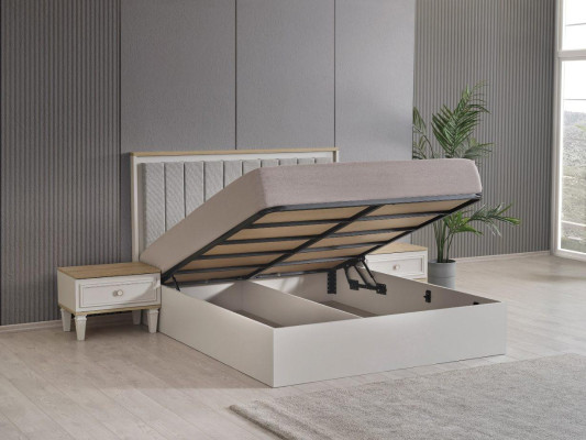 Set da camera da letto moderno: letto matrimoniale, comodini, in legno grigio, 5 pezzi