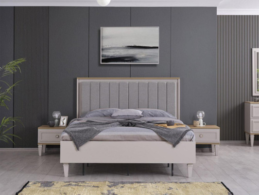 Set da camera da letto moderno: letto matrimoniale, comodini, in legno grigio, 5 pezzi