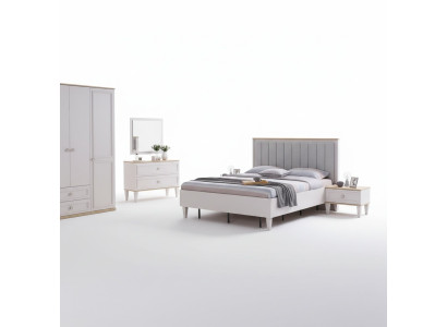 Set da camera da letto moderno: letto matrimoniale, comodini, in legno grigio, 5 pezzi