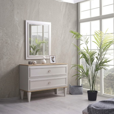 Comò con specchio Camera da letto Consolle Legno Grigio Set 2 pezzi Moderno