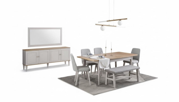 Gruppo da pranzo, set di mobili da sala da pranzo 8 pezzi, tavolo da pranzo, sedie in legno grigio.
