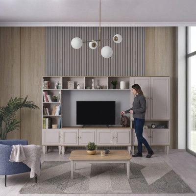 Mobile porta TV moderno in legno grigio con scaffali per parete del soggiorno.
