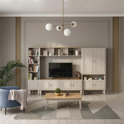 Mobile porta TV moderno in legno grigio con scaffali per parete del soggiorno.