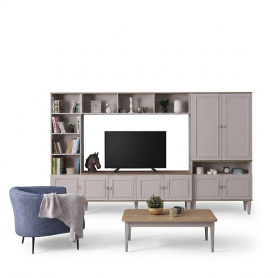 Mobile porta TV moderno in legno grigio con scaffali per parete del soggiorno.