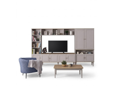 Mobile porta TV moderno in legno grigio con scaffali per parete del soggiorno.