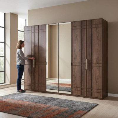 Armadio guardaroba Armadio da camera Armadio Marrone Legno Specchio 6 porte
