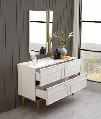 Comò con specchio Camera da letto Consolle Legno Bianco Set 2 pezzi Moderno