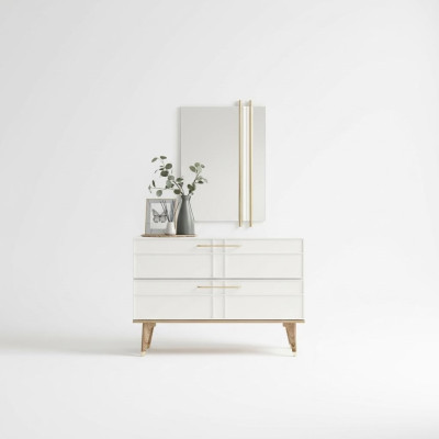 Comò con specchio Camera da letto Consolle Legno Bianco Set 2 pezzi Moderno