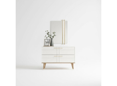 Comò con specchio Camera da letto Consolle Legno Bianco Set 2 pezzi Moderno