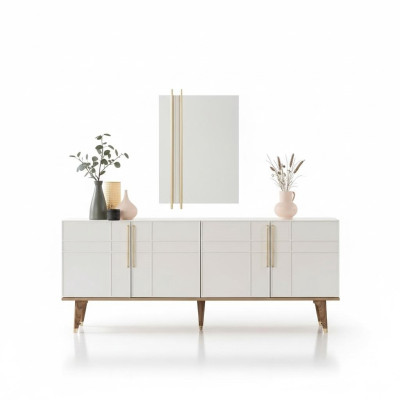 Anrichte Garnitur Sideboard con specchio Comodini Sala da pranzo Legno Bianco