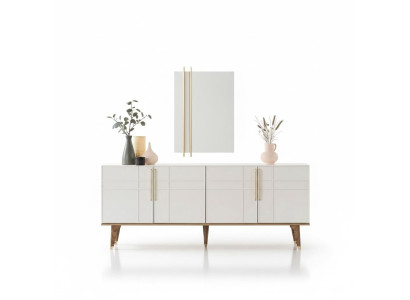 Anrichte Garnitur Sideboard con specchio Comodini Sala da pranzo Legno Bianco