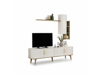 Mobile TV bianco in legno per soggiorno con ripiani.