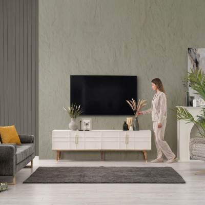 Mobile porta TV Basso mobile moderno armadietto televisivo. Soggiorno bianco in legno
