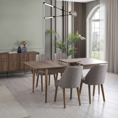 Gruppo completo moderno di sala da pranzo con tavolo da pranzo in legno marrone 7 pezzi.