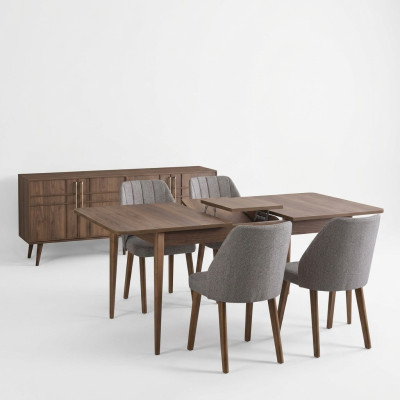 Gruppo completo moderno di sala da pranzo con tavolo da pranzo in legno marrone 7 pezzi.