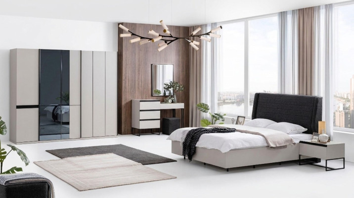 Set da camera da letto con letto matrimoniale, comodini in legno bianco 7 pezzi.