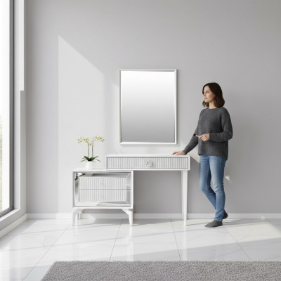 Tavolino consolle con specchiera per il trucco e il pettine, set 2 pezzi bianco