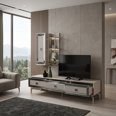 Mobile porta TV in legno bianco per soggiorno con ripiani.
