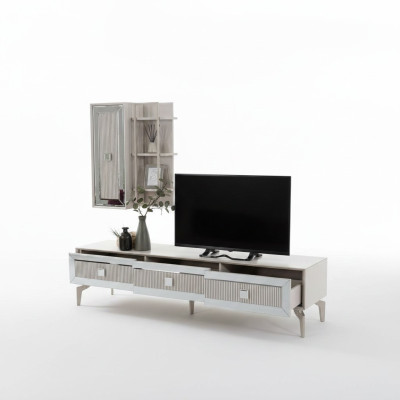 Mobile porta TV in legno bianco per soggiorno con ripiani.
