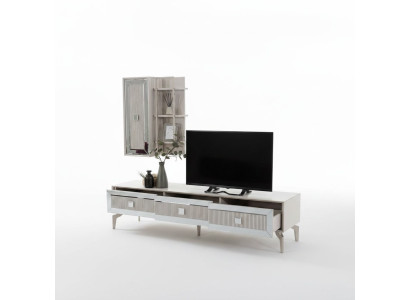 Mobile porta TV in legno bianco per soggiorno con ripiani.