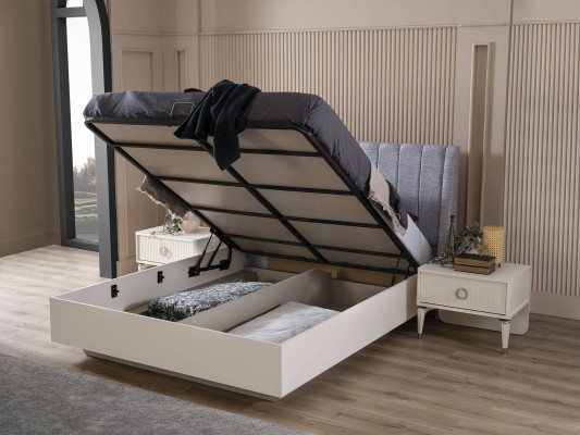 Set di lenzuola matrimoniali in tessuto bianco con cornice letto in legno, 7 pezzi.