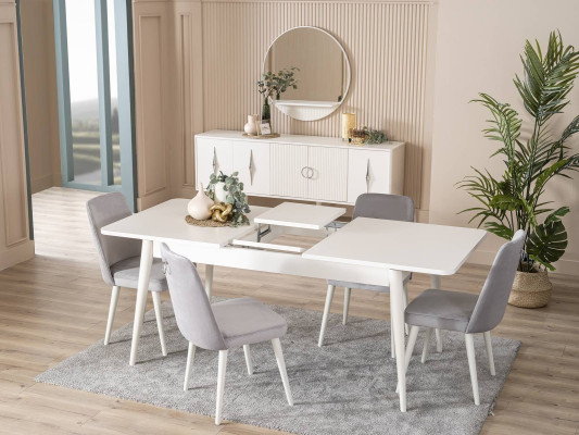 Set da tavola per sala da pranzo, tavolo da pranzo in legno bianco, 9 pezzi, angolo pranzo