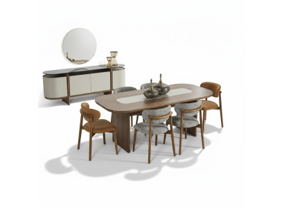 Garnitura sala da pranzo, gruppo da pranzo, angolo pranzo, tavolo da pranzo, set 7 pezzi, legno marrone, nuovo.