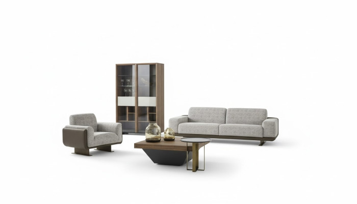 Divano a tre posti, poltrona singola, divano imbottito grigio, gruppo design divano.
