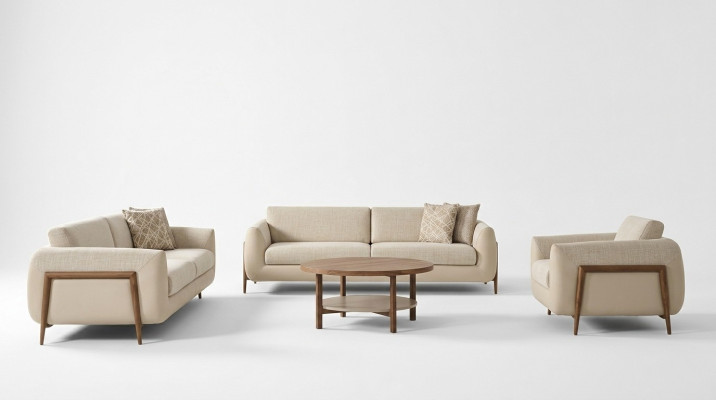 Divano di lusso in tessuto beige completo di tre posti e poltrona a 3 pezzi.