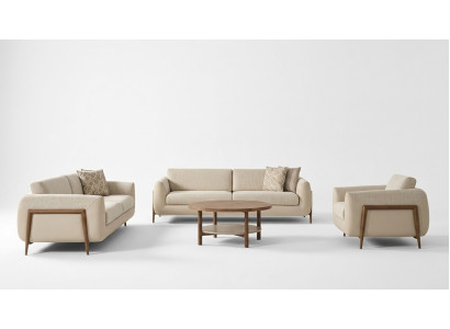 Divano di lusso in tessuto beige completo di tre posti e poltrona a 3 pezzi.