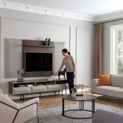 Gruppo mobile TV RTV Lowboard supporto TV sideboard pannello 2 pezzi legno marrone mensola