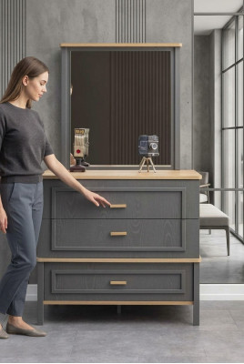 Comodino con specchio in legno per camera da letto grigia, set di tavoli da console