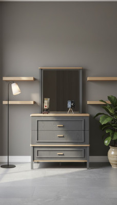 Comodino con specchio in legno per camera da letto grigia, set di tavoli da console