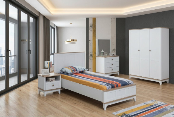 Set camera da letto per bambini bianca, letto per bambini, comodino, set letto 2 pezzi in legno.   Imposta camera da letto per bambini bianca, letto per bambini, comodino, set di lenzuola 2 pezzi in legno.