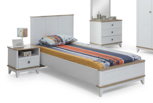 Set camera da letto per bambini bianca, letto per bambini, comodino, set letto 2 pezzi in legno.   Imposta camera da letto per bambini bianca, letto per bambini, comodino, set di lenzuola 2 pezzi in legno.
