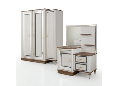 Set da toeletta con specchio in legno per camera da letto beige.