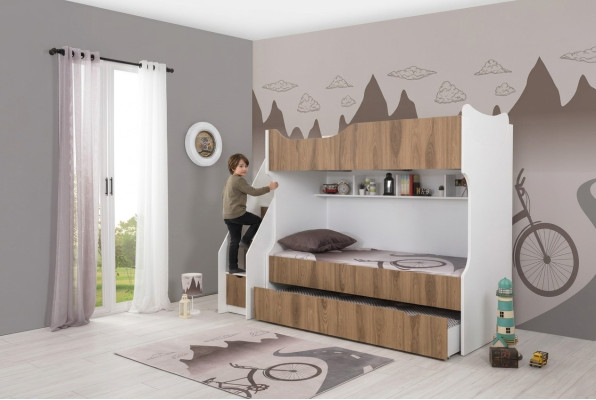 Letto a castello per bambini con set di mobili moderni per bambini bianchi.