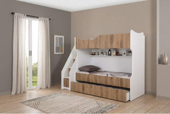 Letto a castello per bambini con set di mobili moderni per bambini bianchi.