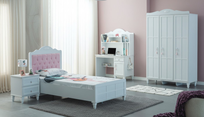 Gruppo bianco Letto per bambini Mobili per bambini Camera da letto per bambini Letto in legno Set 4 pezzi