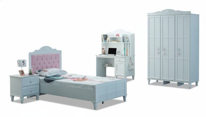 Gruppo bianco Letto per bambini Mobili per bambini Camera da letto per bambini Letto in legno Set 4 pezzi