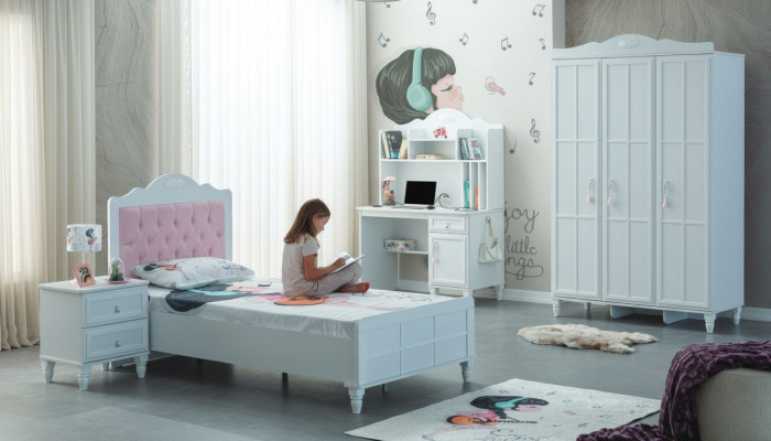 Set completo di mobili per bambini letto da bambino in legno 4 pezzi stanza per bambini bianco